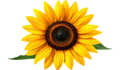 Fototapeta premium A vibrant, detailed close-up of a sunflower with water droplets and green leaves