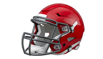 Fototapeta premium Shiny red and white American football helmet, with grey facemask, on a black background