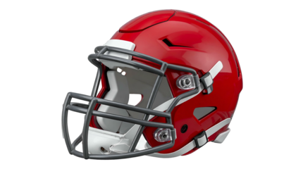 Shiny red and white American football helmet, with grey facemask, on a black background