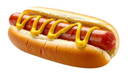 Grilled sausage in a bun, topped with yellow condiment, isolated on black