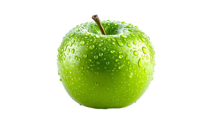 A single, shiny green apple with water droplets, isolated on a black background