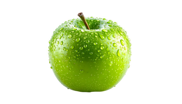 A single, shiny green apple with water droplets, isolated on a black background