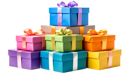 Stacked, colorful gift boxes with ribbons atop, creating a festive, holiday-like arrangement