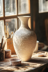 Exquisite Handcrafted Ceraic Vase Surrounded by Artit Tools in Sunlit Studio