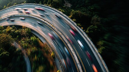 Dynamic Aerial View of Curved Road with Fast-Moving Vehicles Urban Area High-Resolution Image Scenic Environment Top-Down Perspective Traffic Movement Concept for SEO Impact