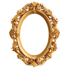 Ornate gold vintage oval picture frame, classic baroque rococo style. Isolated on transparent background, png