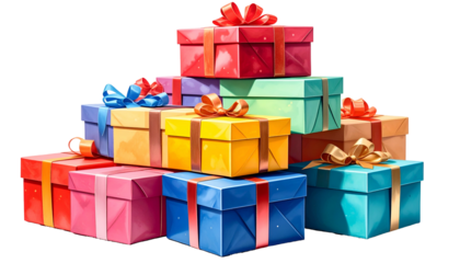 Colorful stack of wrapped gift boxes with various bows, stacked in a festive arrangement