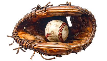 An open, worn leather mitt cradling a scuffed baseball, isolated on black