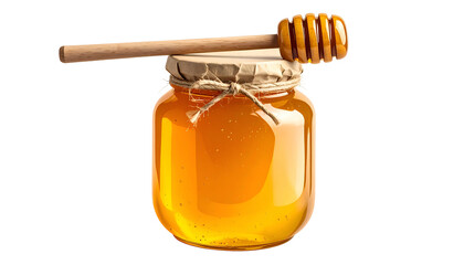 Glass jar filled with golden honey, sealed with paper and string, with a dipper on top