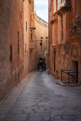 Fototapeta premium A horse drawn carriage moves along cobblestones in Mdina, Malta, beside honey colored limestone, iron balconies, and arched doorways in warm afternoon light.