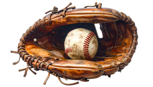 An open, worn leather mitt cradling a scuffed baseball, isolated on black