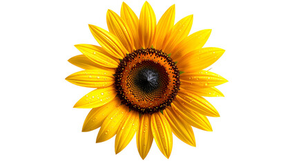 A bright sunflower with yellow petals and a dark center, isolated on a black background