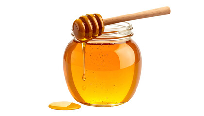 A glass jar filled with golden liquid, a wooden dipper dripping, against a black background