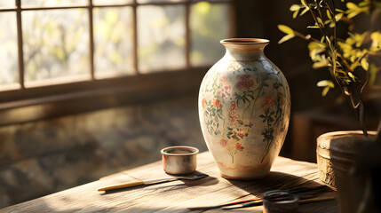 Exquisite Handcrafted Ceraic Vase Surrounded by Artit Tools in Sunlit Studio