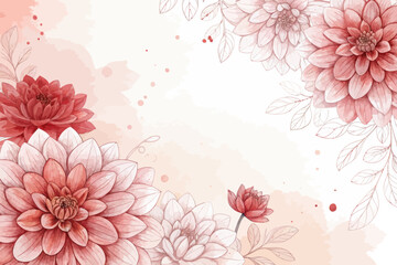 Watercolor floral background with pink dahlia flowers