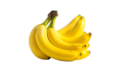 Bunch of ripe, yellow bananas isolated against a stark black background, curved and fresh