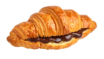 Golden, flaky croissant sliced and filled with a thick, glossy, chocolate spread