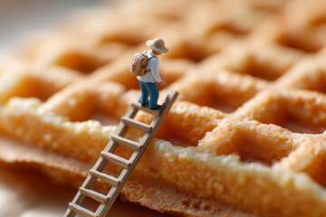 Tiny traveler climbs a wooden ladder across golden waffle valleys, creating a whimsical macro scene of adventure and delicate food texture.