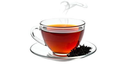 Glass teacup filled with hot tea, saucer, steam, and loose tea leaves