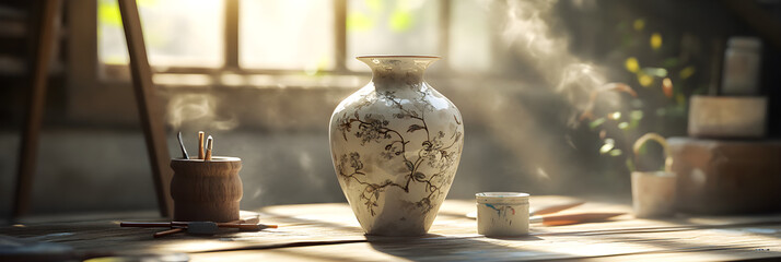 Exquisite Handcrafted Ceraic Vase Surrounded by Artit Tools in Sunlit Studio
