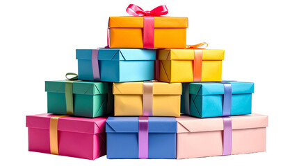 Obraz premium Colorful stacked gift boxes with ribbons, isolated on black background