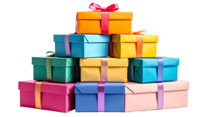 Colorful stacked gift boxes with ribbons, isolated on black background