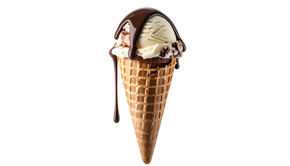 A scoop of vanilla ice cream over chocolate, in a waffle cone, drizzled in chocolate