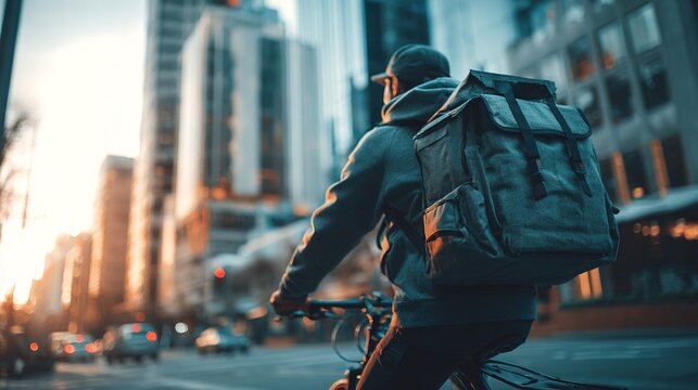 Bicycle Courier Delivering Goods Through Bustling City Streets Urban Environment Action Shot Evening Light Fast-Paced Lifestyle Dynamic Delivery Experience