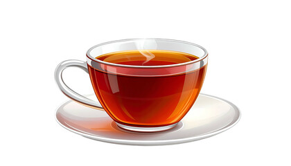 Steaming cup of tea on a saucer, rendered with a glossy and transparent aesthetic