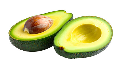 A vibrant, cross-section view of a halved, ripe avocado with a brown pit