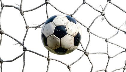 Close-up of a soccer ball resting in the net against a black background