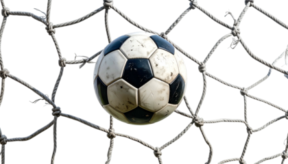 Close-up of a soccer ball resting in the net against a black background