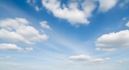 Ultra-realistic sky background with fluffy white clouds across a bright blue sky, soft gradients, high detail, no harsh light or noise, balanced tones, smooth texture, perfect natural lighting, realis