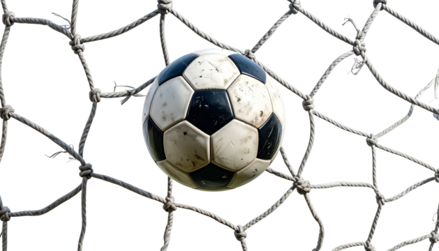Close-up of a soccer ball resting in the net against a black background - Powered by Adobe