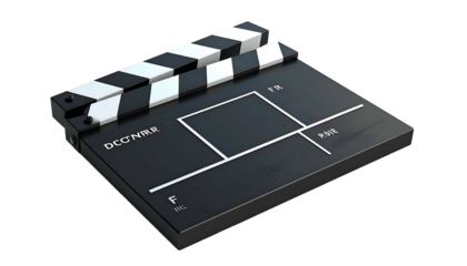 Glossy film production clapperboard, black with white stripes on top, isolated on black