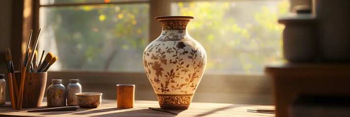 Exquisite Handcrafted Ceraic Vase Surrounded by Artit Tools in Sunlit Studio