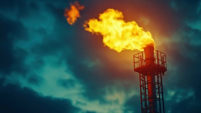 A tall flare stack erupts with a vibrant orange flame against a dark, cloudy sky