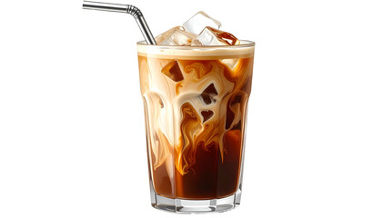 Glass of iced coffee with layers of espresso, milk, and ice cubes, served with a straw