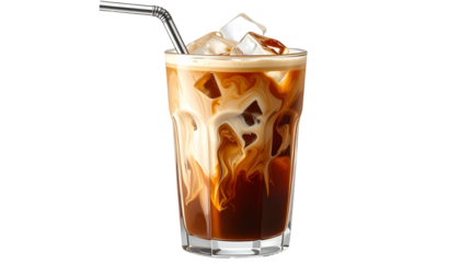 Glass of iced coffee with layers of espresso, milk, and ice cubes, served with a straw