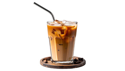 A tall glass of iced coffee with a metal straw, on a wooden coaster, and black background