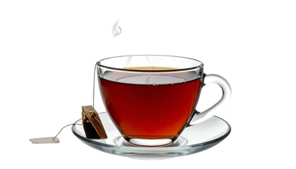 A clear glass teacup with a tea bag, filled with hot tea, resting on a saucer