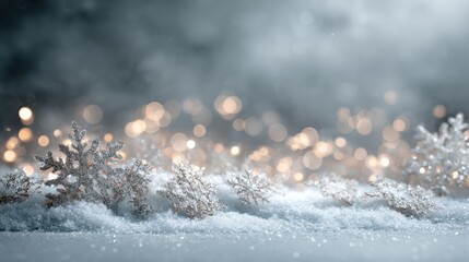 winter wonderland scene with snowflakes glitter and bokeh lights against a soft gray backdrop