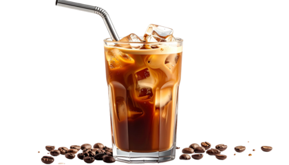 Tall glass filled with iced coffee, ice cubes, & cream, metal straw. Coffee beans below