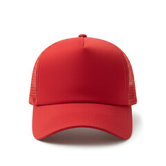 Blank red foam trucker hat with mesh back on white background