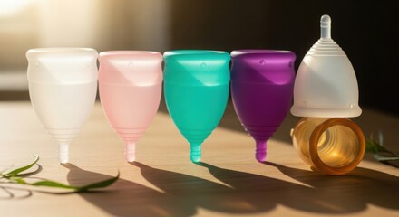 Menstrual Cups Variety on Wooden Table for Eco-Friendly Lifestyle Blogs, Sustainable Period Education, Zero Waste Awareness, Hygiene Product Catalogs - Concept of Female Health