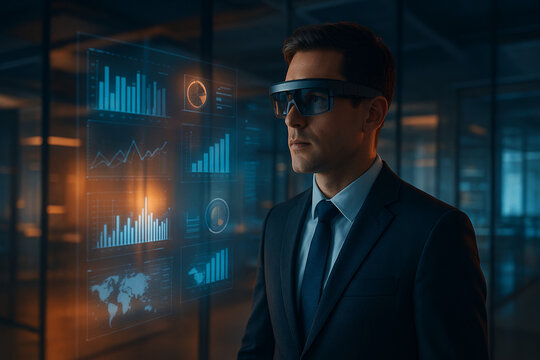 Professional Using AR Glasses to Visualize Financial and Global Analytics