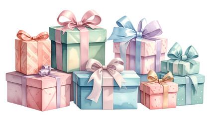 A collection of pastel-colored gift boxes, adorned with delicate ribbons and bows, stacked
