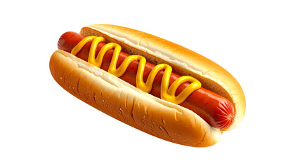 Realistic shot of a hot dog in a bun, topped with yellow mustard, isolated on black