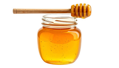 Glass jar filled with golden honey; wooden dipper rests across the top