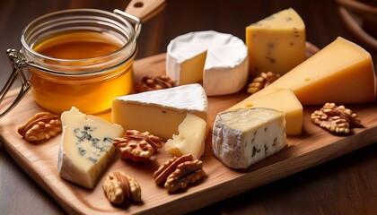 assorted cheeses including brie parmesan cheddar gouda and gorgonzola served with walnuts and honey on a rustic wooden tray a flavorful selection of appetizers perfect for gatherings